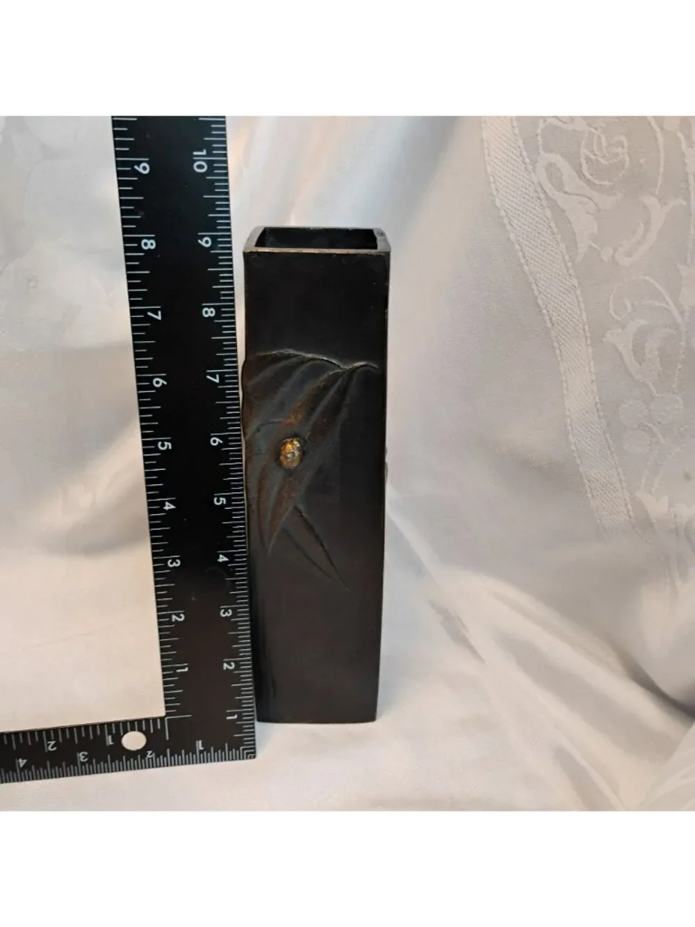 Vintage Japanese Ikebana Vase - MCM Faux Bronze Cast Metal Bamboo Pillar 9